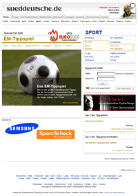 Im Auftrag der Neopoly GmbH Bochum passten wir das Screendesign des von Neopoly entwickelten Europameisterschaftstippspiels an das Corporate Design der Online-Ausgabe der Süddeutschen an und setzten dieses um.
Edit: Da die EM 2008 nun schon eine Weile vorbei ist, hat die Sueddeutsche das Spiel inzwischen vom Netz genommen.
