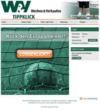 Im Auftrag der Neopoly GmbH Bochum entwarfen wir das Screendesign für das von Neopoly entwickelte Europameisterschaftstippspiel und setzten es für den Kunden 'Werben & Verkaufen' um.
Edit: Da die EM 2008 nun schon eine Weile vorbei ist, hat W&V das Spiel abgeschaltet.